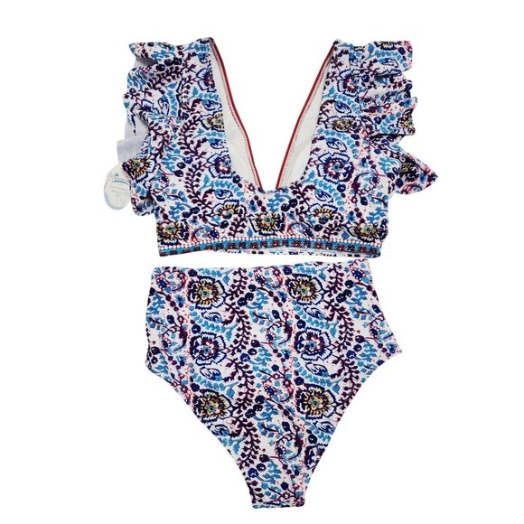 Womens Soucrat Ruffled V-Neck Bikini Set High-Waist Floral Swimsuit S Multicolor - Picture 2 of 7